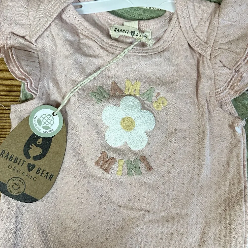 RABBIT+BEAR  Organic Cotton 6-9M Green Floral Pink One Piece Body Suit‎